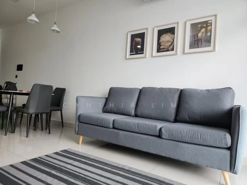 Living features: 3-seater fabric sofa in grey, area rug with geometric pattern, dining table with chairs, framed artwork on walls, white painted walls, glossy tile flooring, pendant lights, wall-mounted light switch; style: modern.