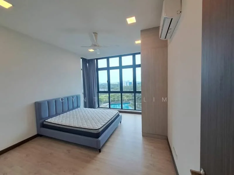 Bedroom features: queen-size bed frame in blue, mattress on bed frame, floor-to-ceiling windows, city view, light wood flooring, white painted walls, ceiling fan with light, air conditioning unit, curtains, built-in wardrobe; style: modern; view: city.