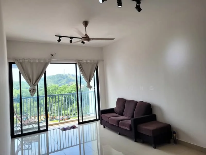 Living features: 3-seater fabric sofa in dark brown, floor-to-ceiling windows, sliding glass door, curtains, ceiling fan with light, recessed downlights, white painted walls, glossy tile flooring; style: modern; view: garden.