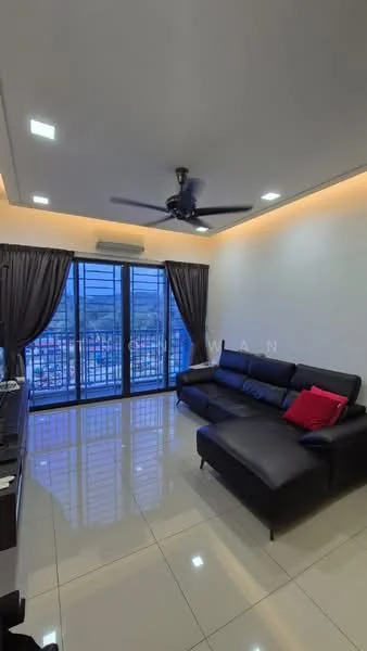 Living features: black leather sectional sofa, red accent pillow, glass sliding doors, floor-to-ceiling windows, city view, recessed LED downlights, 5-blade ceiling fan with light, glossy tile flooring, air conditioning unit, curtains, TV console; style: modern; view: city.
