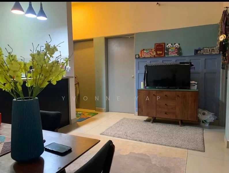 Living features: light blue painted walls, cream tiled flooring, wooden TV console, wall-mounted TV, area rug, dining table, decorative vase with flowers, recessed lighting, doorway leading to another room; style: modern.