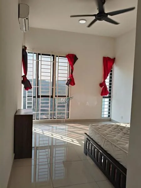 Bedroom features: white painted walls, glossy tile flooring, 5-blade ceiling fan, floor-to-ceiling windows, red curtains, wooden bed frame, air conditioning unit, natural light from windows; style: modern; view: city.