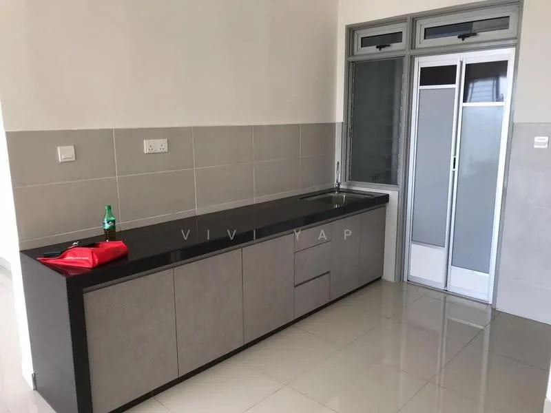 Kitchen features: black granite countertop, grey cabinetry, single-bowl stainless-steel sink, chrome faucet, wall-mounted cabinets, ceramic tile flooring, white painted walls, sliding glass door, window with grille; style: modern.