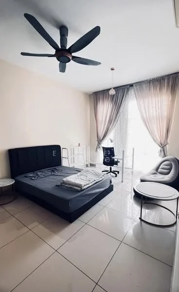 Bedroom features: queen-size bed, upholstered headboard, 2 bedside tables, ceiling fan with 5 blades, floor-to-ceiling windows, sheer curtains, light-colored walls, glossy tile flooring, office chair, round coffee table, lounge chair; style: modern; view: garden.