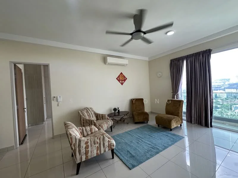 Living features: 5-blade ceiling fan with light, wall-mounted split AC, floor-to-ceiling windows, curtains, tile flooring, light-colored walls, decorative wall clock, area rug in blue, 2 armchairs with patterned upholstery, coffee table, side table; style: modern; view: city.