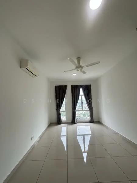 Room features: white painted walls, glossy ceramic tile flooring, 5-blade ceiling fan, 1 wall-mounted split AC, floor-to-ceiling windows, blackout curtains, natural light from windows; style: modern; view: city.