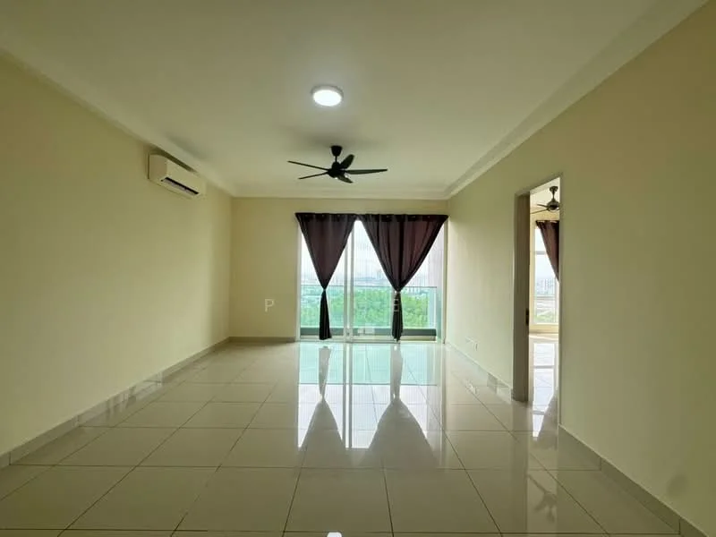 Living features: white painted walls, glossy ceramic tile flooring, 5-blade ceiling fan with light, floor-to-ceiling windows, blackout curtains, city view, air conditioning unit, recessed lighting; style: modern; view: city.