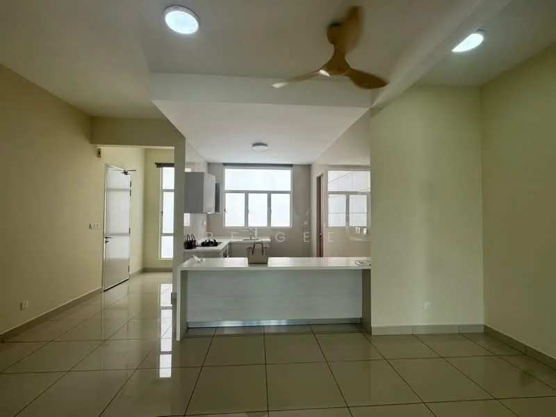 Kitchen features: white painted walls, cream ceiling, recessed downlights, 5-blade ceiling fan, kitchen island with countertop, stainless-steel sink, chrome pull-down faucet, built-in oven, freestanding range oven, ceramic tile flooring, large windows for natural light; style: modern. Room features: cream painted walls, large windows, ceramic tile flooring.