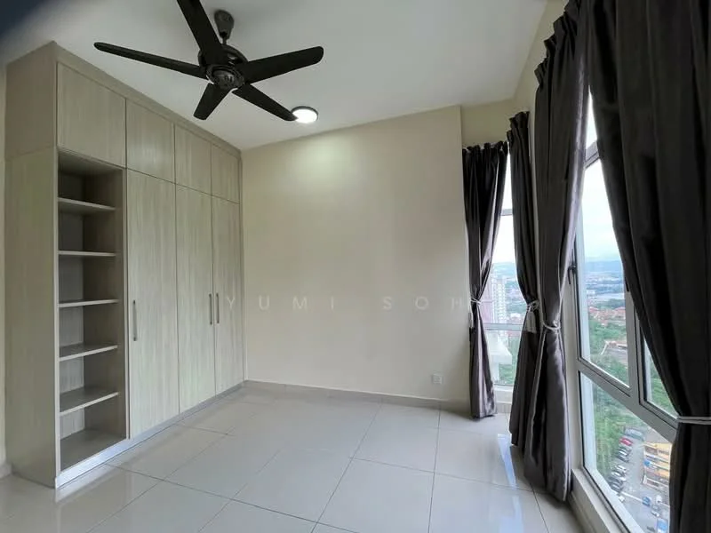Bedroom features: built-in wardrobe with sliding doors, floor-to-ceiling windows, grey curtains, 5-blade ceiling fan with light, white painted walls, glossy tile flooring, city view, natural light; style: modern; view: city.