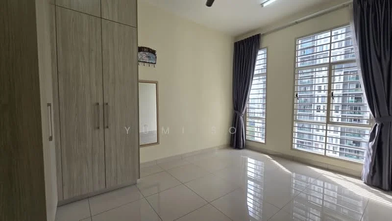 Bedroom features: white painted walls, glossy ceramic tile flooring, floor-to-ceiling windows, grey curtains, built-in wardrobe with wood finish, mirror on wall, ceiling fan, natural light from windows; style: modern; view: city.