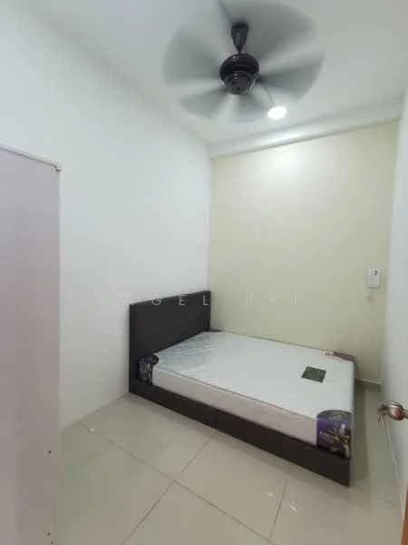 Bedroom features: white painted walls, cream accent wall, ceiling fan, queen-size bed, tile flooring, built-in wardrobe, light fixture, power outlet; style: modern.