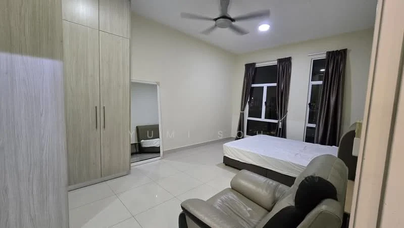 Bedroom features: white painted walls, light grey tiled flooring, ceiling fan, two large windows with dark curtains, built-in wardrobe with wood finish, mirror on the wall, upholstered bed frame without mattress, leather armchair; style: modern.