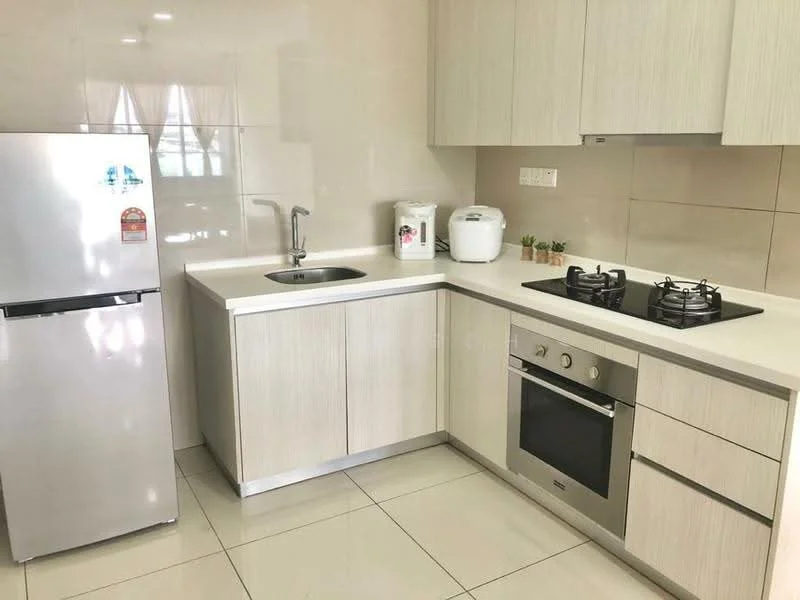 Kitchen features: stainless-steel fridge, single-bowl stainless-steel sink, chrome pull-down faucet, white laminate cabinetry, gas hob with 2 burners, built-in oven, white quartz countertop, white tiled backsplash, ceramic tile flooring, recessed downlights; style: modern.