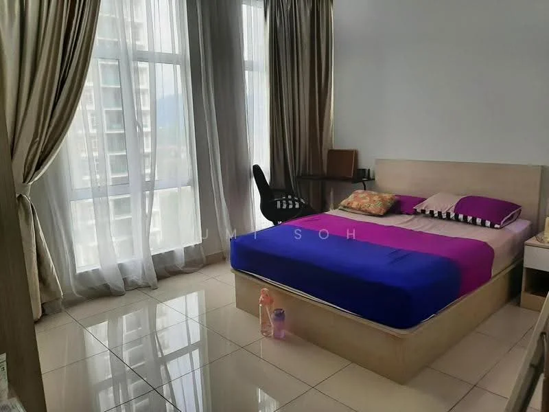 Bedroom features: queen-size bed with purple and pink bedding, floor-to-ceiling windows, sheer curtains, tile flooring, study desk with chair, built-in wardrobe, decorative pillow, wall-mounted artwork; style: modern; view: city.