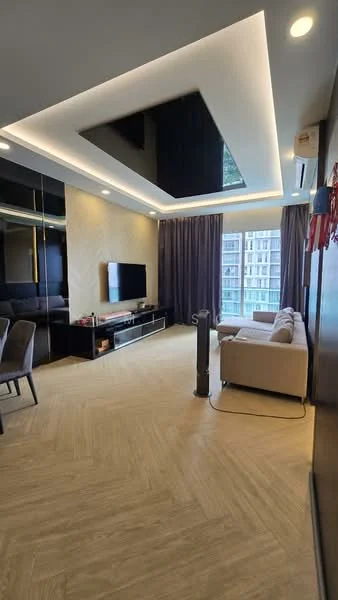 Living features: light wood herringbone flooring, cream painted walls, tray ceiling with recessed lighting, floor-to-ceiling windows, black entertainment unit, wall-mounted TV, beige fabric sofa, dark curtains, decorative wall paneling, air conditioning unit, ceiling lights, decorative items on shelves; style: modern; view: city.