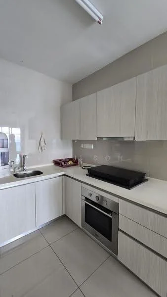 Kitchen features: white laminate cabinetry, stainless-steel sink, chrome pull-down faucet, built-in oven, 4-burner gas hob, white countertop, glass backsplash, grey tile flooring, under-cabinet lighting, open shelving, fruit bowl on countertop; style: modern.
