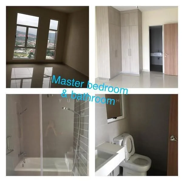 Bedroom features: floor-to-ceiling windows, neutral wall colour, glossy tile flooring, built-in wardrobe with wood finish, city view; style: modern; view: city. Bathroom features: bathtub, shower with glass enclosure, single-sink vanity with white cabinet, chrome basin mixer, one-piece toilet, neutral wall colour, tile cladding, mirror above vanity; style: modern.