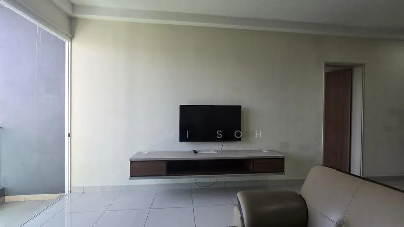 Living features: white painted walls, glossy tile flooring, wall-mounted TV, floating TV console, single sofa, large windows with natural light, neutral color scheme, minimalist decor; style: modern.