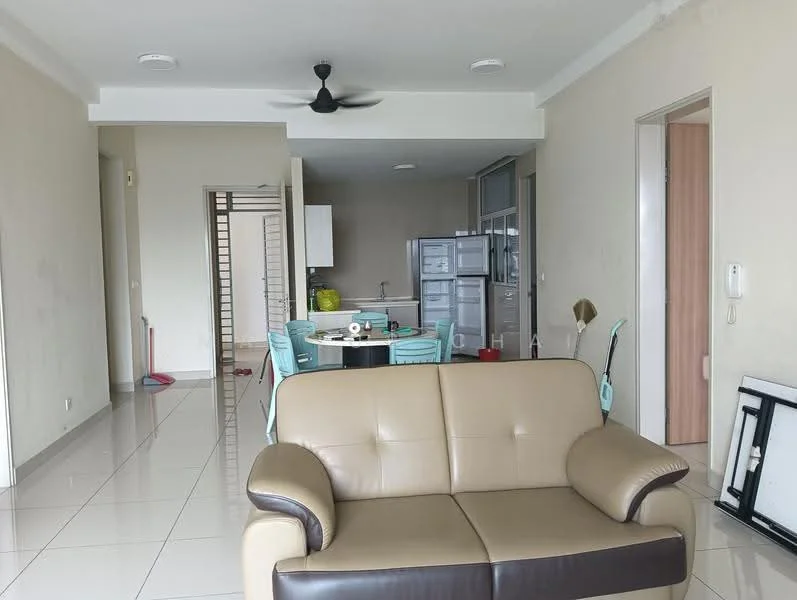 Living features: 3-seater leather sofa in beige and brown, floor-to-ceiling windows, white painted walls, glossy ceramic tile flooring, 5-blade ceiling fan, decorative wall lamp, area rug, coffee table, TV console, open layout to dining area; style: modern. Dining features: round dining table, upholstered dining chairs in blue, open kitchen layout, white cabinetry, stainless-steel fridge, built-in oven, microwave, kitchen island, pendant lighting; style: modern.