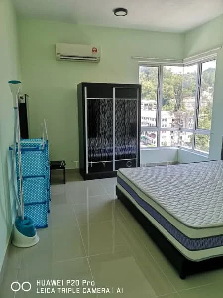 Bedroom features: light green painted walls, white ceiling, floor-to-ceiling windows, 1 wall-mounted split AC, queen-size bed with mattress, black wardrobe with glass doors, blue and white laundry basket, white bedside lamp, glossy tile flooring; style: modern; view: city.