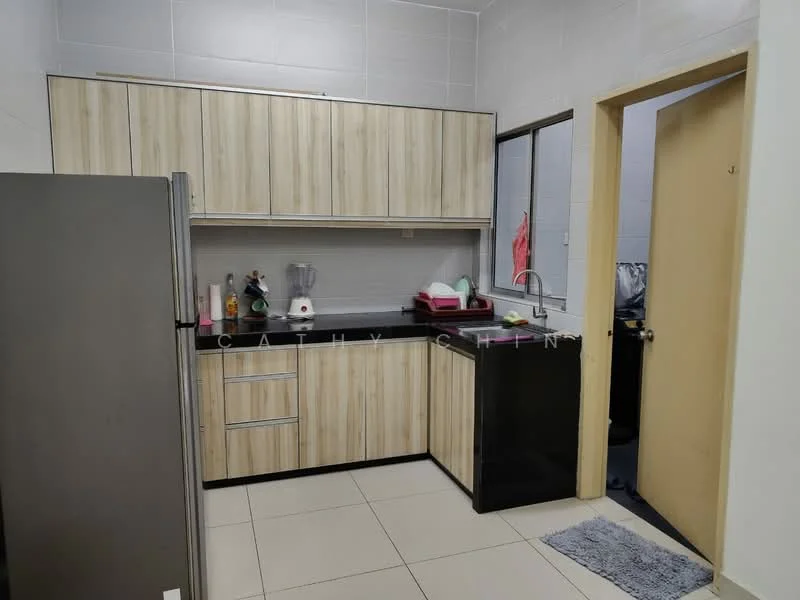 Kitchen features: laminate cabinetry in light wood finish, black granite countertop, stainless-steel fridge, blender on countertop, sink with chrome faucet, wall-mounted mirror, tile backsplash, ceramic tile flooring, door leading to hallway, kitchen mat on floor; style: modern.