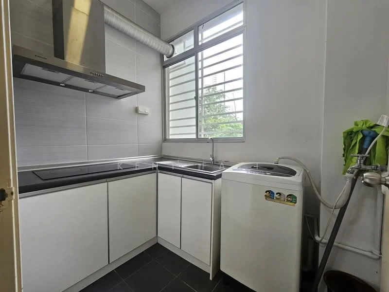 Laundry features: black countertop, white cabinetry, stainless-steel range hood, built-in stove, single-bowl stainless-steel sink, window with horizontal bars, washing machine, grey tiled flooring; style: modern; view: garden.