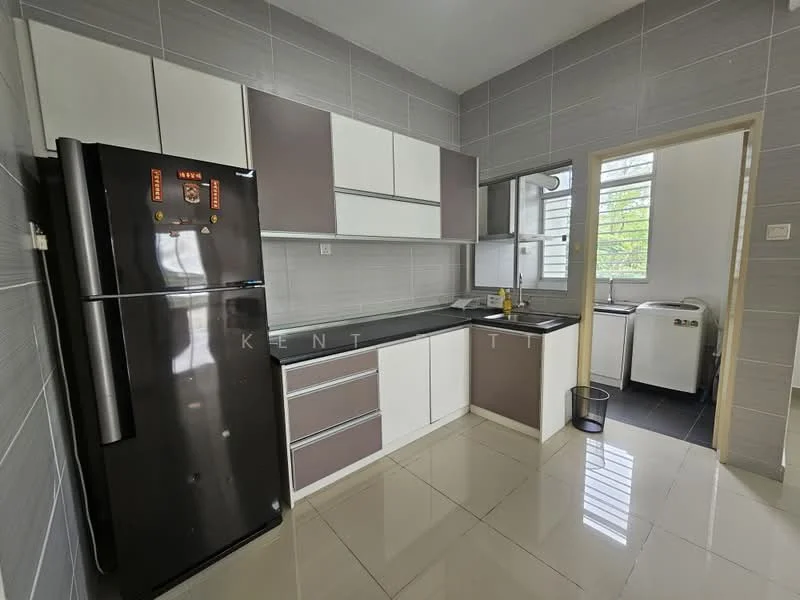 Kitchen features: black refrigerator, white upper cabinets, brown lower cabinets, grey tiled backsplash, stainless-steel sink, chrome pull-down faucet, countertop with integrated workspace, window for natural light, ceramic tile flooring, washing machine, trash bin; style: modern.