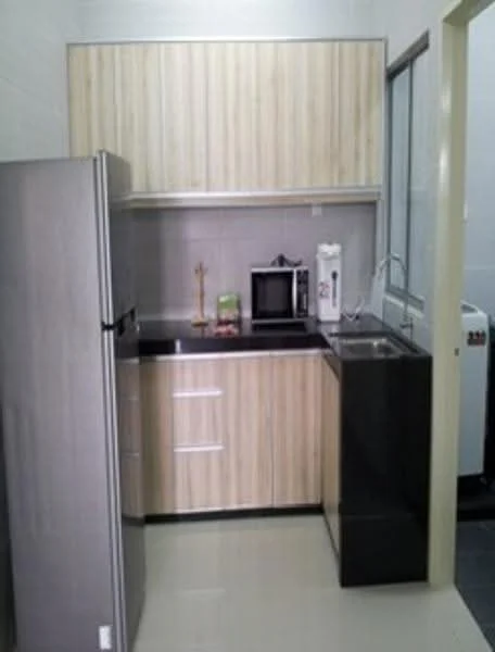 Kitchen features: stainless-steel fridge, built-in microwave, black countertop, single-bowl stainless-steel sink, chrome pull-down faucet, wood cabinetry with light wood finish, grey tiled backsplash, ceramic tile flooring, window for natural light, kitchen appliances, kitchen utensils on countertop; style: modern.