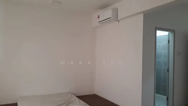 Room features: white painted walls, wooden flooring, wall-mounted split AC, door leading to bathroom, unmade bed with bedding.