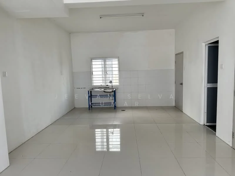 Kitchen features: white painted walls, glossy tile flooring, single-bowl stainless-steel sink, chrome pull-down faucet, window with horizontal bars, white tiled backsplash, kitchen countertop, overhead lighting.