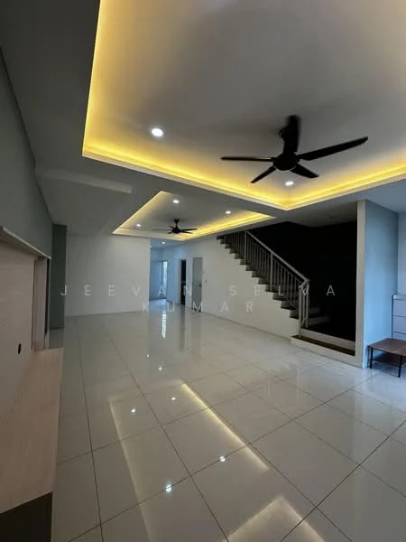 Living features: glossy ceramic tile flooring, white painted walls, tray ceiling with LED strip lighting, 2 ceiling fans, staircase with wooden railing, open layout, large windows, neutral color scheme; style: modern.
