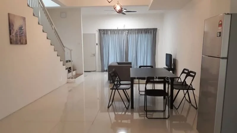 Living features: white painted walls, glossy tile flooring, 5-blade ceiling fan with light, sofa in grey, dining table with black metal legs, 4 black dining chairs, wall-mounted TV, large windows with sheer curtains, staircase with white railing, decorative artwork on wall, recessed lighting; style: modern.