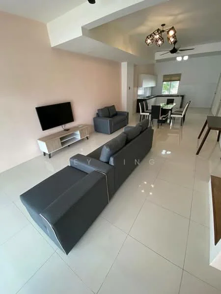 Living features: grey fabric sofa, 2-seater sofa, 3-seater sofa, flat-screen TV on wall-mounted console, white TV console, ceiling fan, recessed lighting, large windows with natural light, glossy white tile flooring, neutral painted walls, decorative light fixture; style: modern. Dining features: 6-seater dining table, black dining chairs, open layout, natural light from windows; style: modern.
