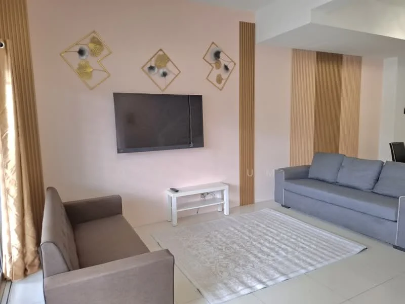 Living features: light grey fabric sofa, 2-seater fabric sofa in grey, white coffee table, wall-mounted TV, decorative wall art with geometric patterns, cream area rug with intricate design, cream curtains, light beige painted walls, wood paneling accents, recessed ceiling lights; style: modern.