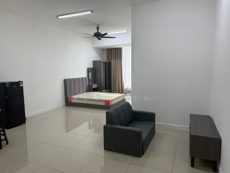 Living features: grey fabric sofa, wooden TV console, white painted walls, glossy tile flooring, ceiling fan, floor-to-ceiling windows with sheer curtains, refrigerator, queen-size bed with mattress, built-in wardrobe; style: modern.