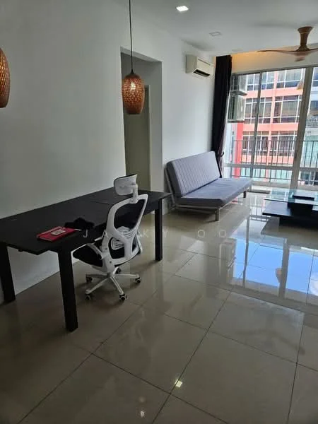 Living features: grey fabric sofa bed, black glass coffee table, white office chair with wheels, black wooden desk, pendant light fixtures, wall-mounted air conditioning unit, floor-to-ceiling windows, white painted walls, glossy tile flooring, curtains, decorative wall art; style: modern; view: city.