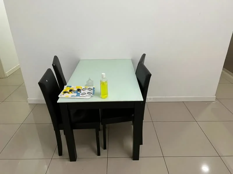 Dining features: glass dining table, black wooden dining chairs, ceramic tile flooring, white painted walls, tabletop with decorative items; style: modern.