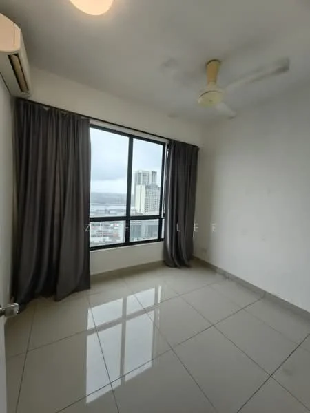 Bedroom features: floor-to-ceiling window, grey curtains, white painted walls, polished ceramic tile flooring, 5-blade ceiling fan, city view, air conditioning unit; style: modern; view: city.