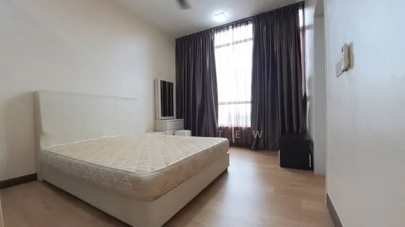 Bedroom features: queen-size bed frame without mattress, floor-to-ceiling window, sheer curtains, dark brown curtains, wooden flooring, wall-mounted TV, TV console, black storage box, light ceiling fixture, white painted walls; style: modern.