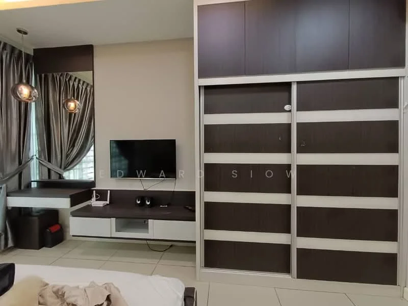 Room features: floor-to-ceiling windows, grey curtains, wall-mounted TV, TV console with storage, built-in wardrobe with sliding doors, light-colored tiled flooring, decorative pendant lighting, neutral wall color, seating area with desk, modern design; style: modern; view: city.
