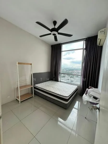 Bedroom features: queen-size bed, upholstered headboard, floor-to-ceiling windows, city view, grey accent wall, white painted walls, sliding glass door, 5-blade ceiling fan, wall-mounted split AC, tile flooring, curtains, nightstand, decorative mirror; style: modern; view: city.