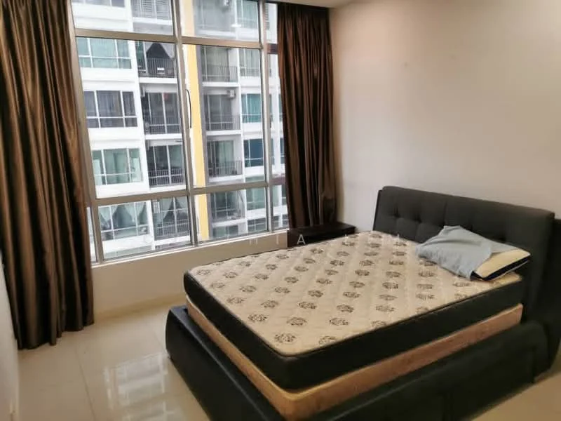 Bedroom features: king-size bed, upholstered headboard, floor-to-ceiling windows, curtains, tile flooring, neutral wall color, nightstand, mattress without bedding; style: modern; view: city.