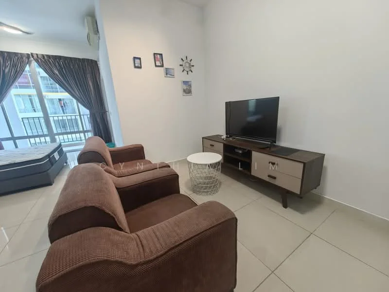 Living features: 2-seater brown fabric sofa, white round coffee table, TV console with drawers, wall-mounted TV, cream painted walls, large windows with sheer curtains, tile flooring, decorative wall clock, framed artwork on wall; style: modern.