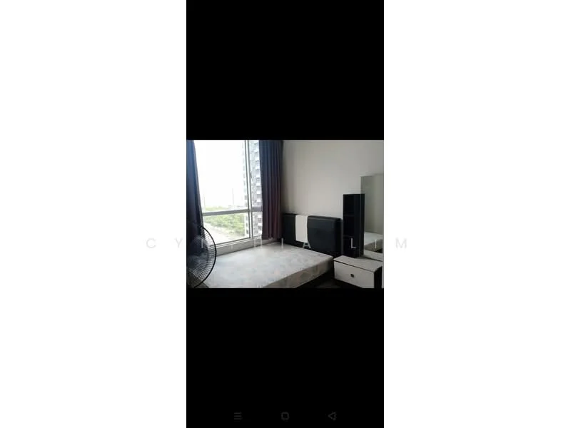 Bedroom features: queen-size bed, upholstered headboard, bedside table with drawer, mirror on dresser, floor-to-ceiling window, curtains, ceiling fan, carpeted flooring, wall-mounted decor, view of city skyline; style: modern; view: city.