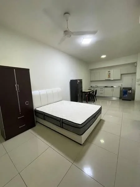 Room features: queen-size bed, upholstered headboard, white bed frame, built-in wardrobe with two doors, black fridge, white kitchen cabinets, stainless-steel sink, 4-burner gas hob, dining table with four chairs, ceiling fan, tile flooring, white painted walls, recessed ceiling lights; style: modern.