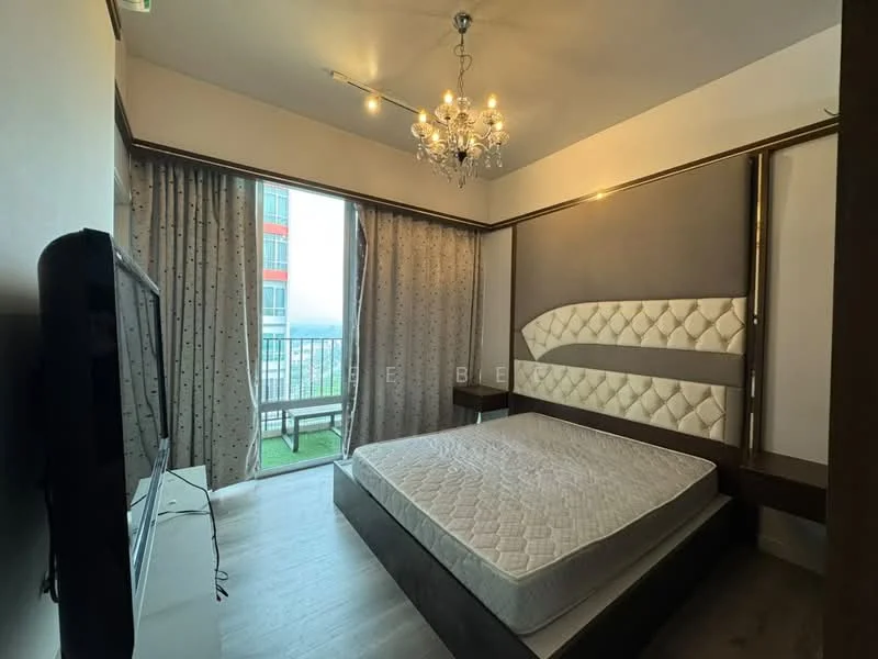 Bedroom features: queen-size bed, upholstered headboard, chandelier, floor-to-ceiling windows, curtains, wooden flooring, TV mounted on wall, balcony access, decorative wall paneling; style: modern; view: city.