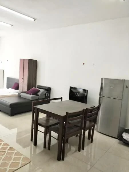 Living features: white painted walls, glossy tile flooring, sofa in grey, dining table with 4 chairs, stainless-steel fridge, wall-mounted TV, wooden cabinet, area rug; style: modern.
