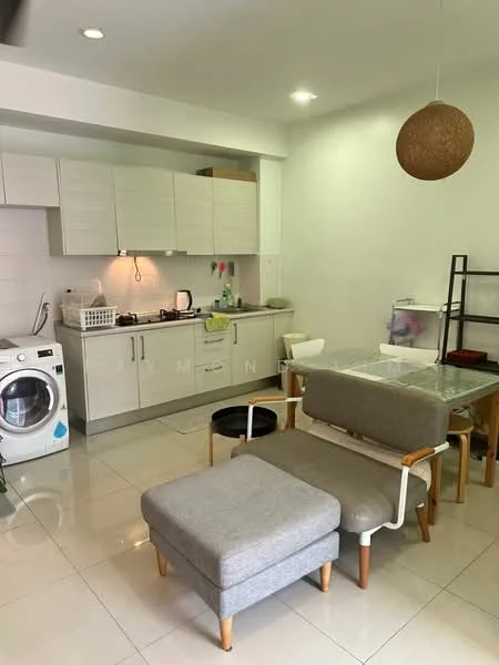 Living features: grey fabric sofa with chaise, glass dining table, white painted walls, tile flooring, recessed downlights, kitchen cabinetry in light wood, stainless-steel sink, built-in stove, washing machine, open shelving unit, pendant light, kitchen backsplash, white ceramic dishes on countertop; style: modern.