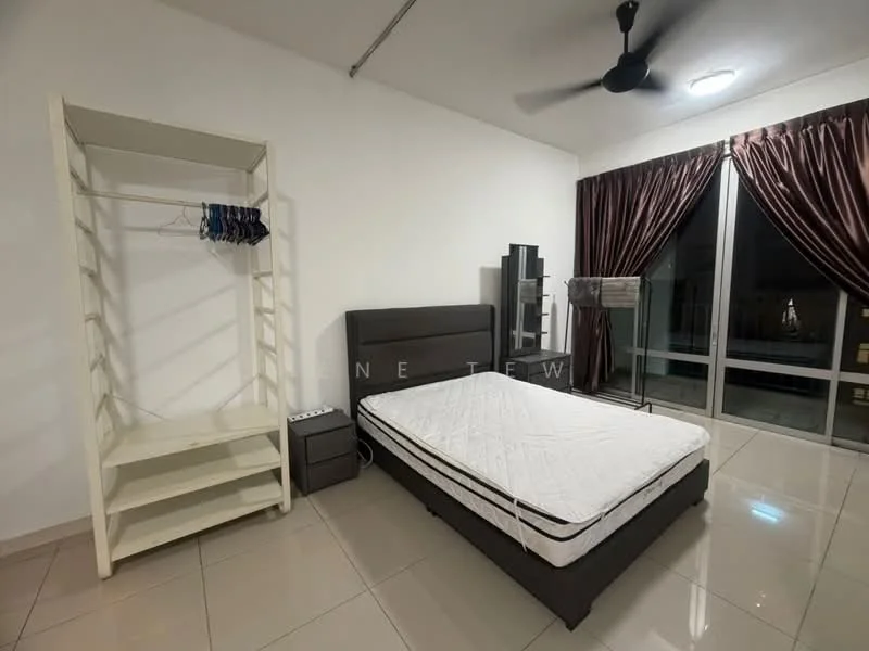 Bedroom features: queen-size bed, upholstered headboard, white painted walls, glossy tile flooring, ceiling fan, floor-to-ceiling windows, dark brown curtains, open shelving unit, nightstand, hanging clothes rack; style: modern; view: city.