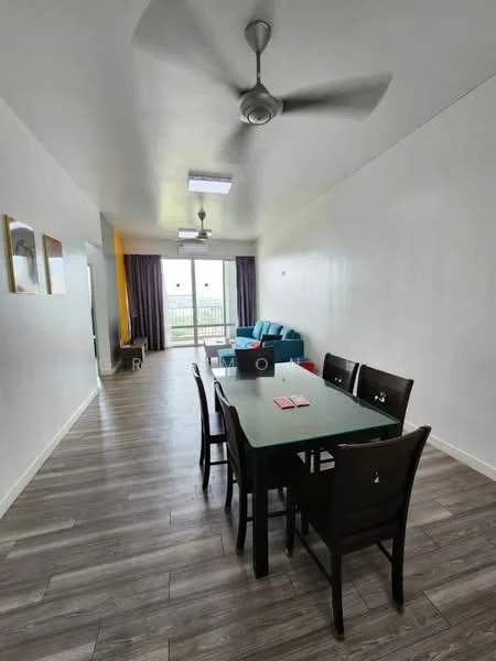 Dining features: dining table with glass top, 6 dining chairs, 5-blade ceiling fan, laminate flooring, white painted walls, large sliding glass door, curtains, natural light from outside; style: modern; view: garden. Living features: sofa in blue fabric, coffee table, area rug, wall-mounted TV, decorative wall art; style: modern; view: garden.